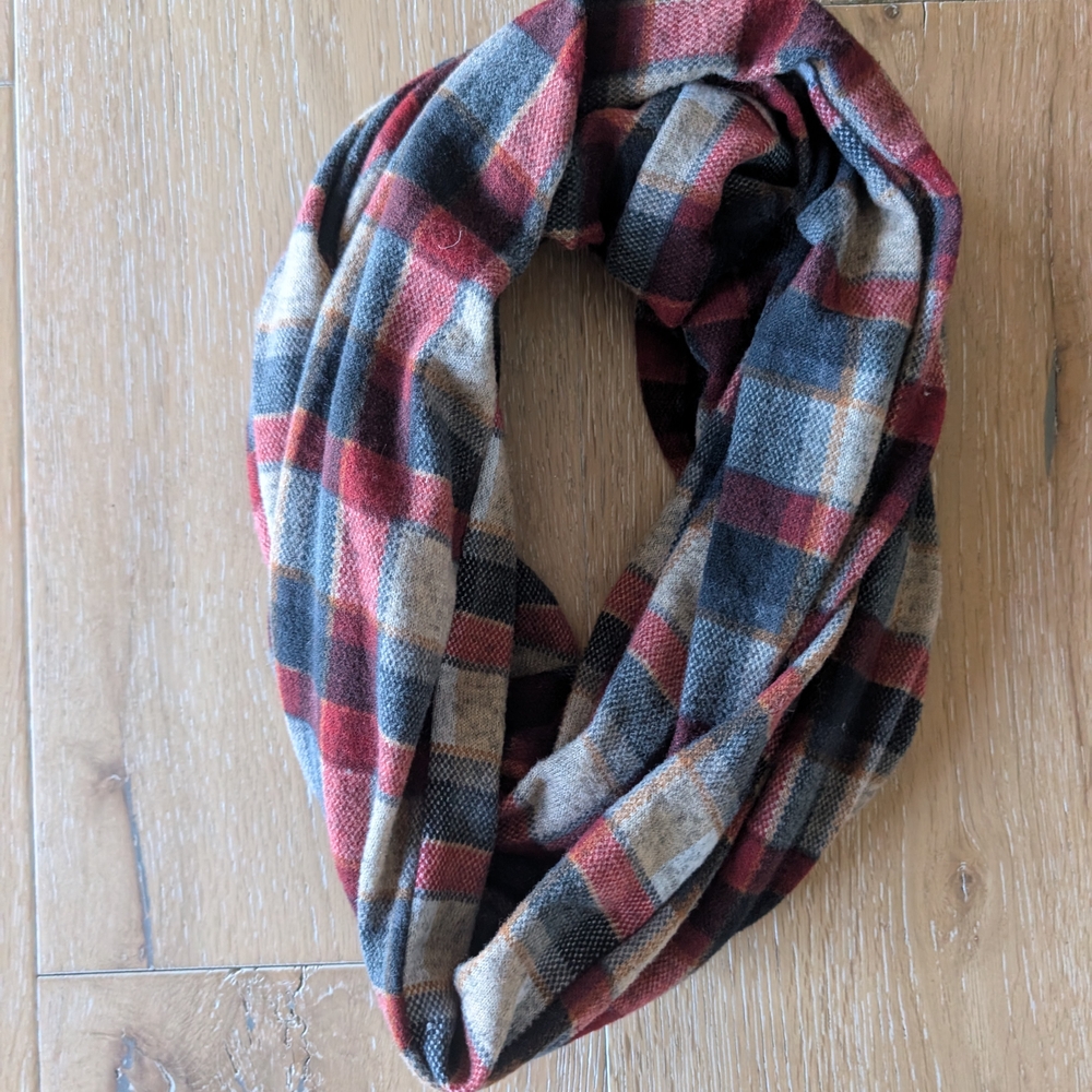 Plaid Infinity Scarf in Rust, Navy & Tan